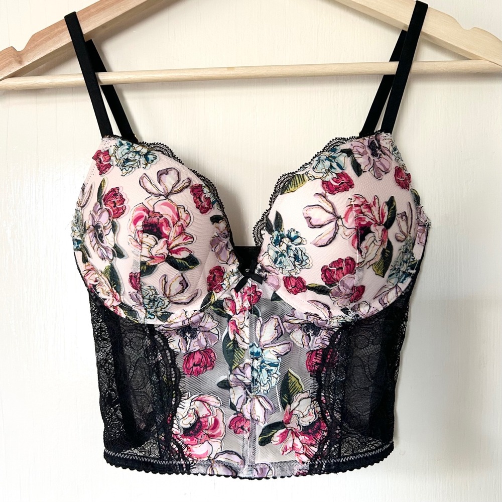 Victoria's Secret Rose Embroidered Push-Up Longline Bra Bustier 32C‎ Pink Floral
